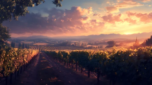 Sunlit vineyard valley under glowing sunset sky panorama.