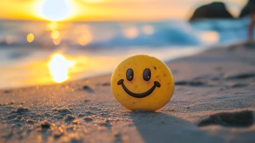 Sunny smiley face ball brightening a golden beach sunset.