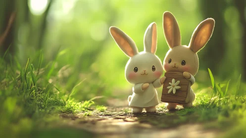 Two toy bunnies standing on forest path in soft sunlight.