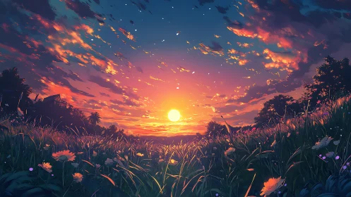 Sunset meadow ignites under a sky brushed with firelight.