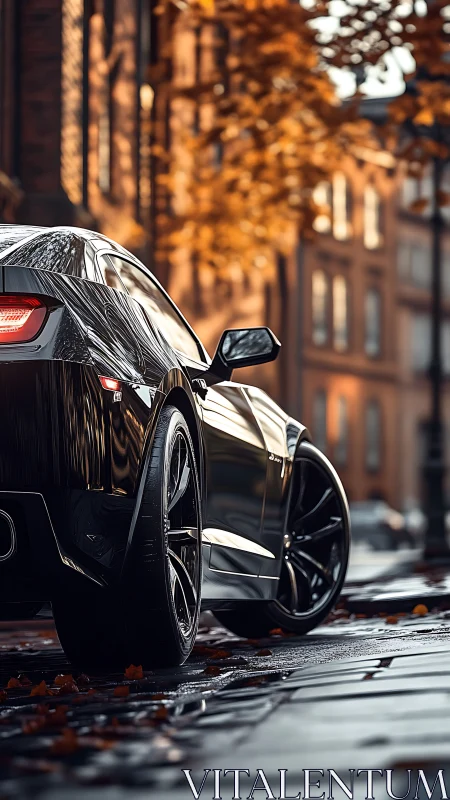 Glossy black sports car on wet city street at autumn dusk.