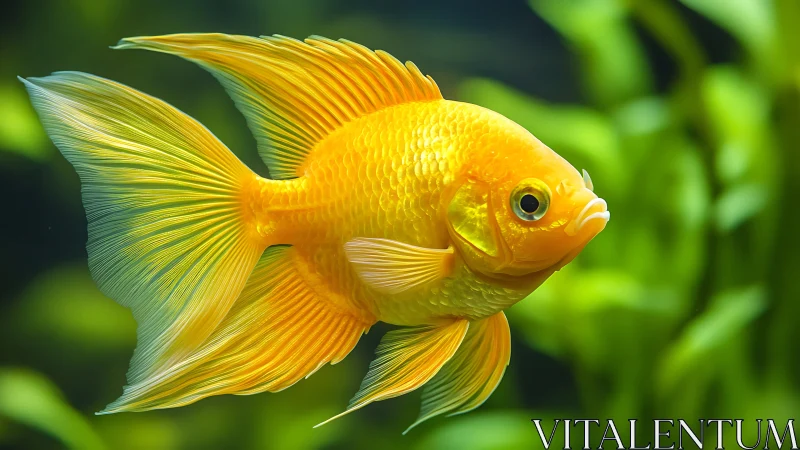 Golden veil-tail goldfish drifts through liquid sunlight.