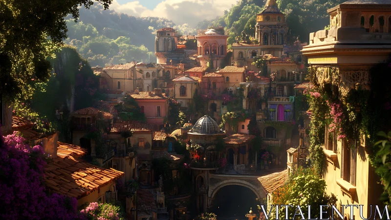 Sunlit terraced hillside city glows with warm Mediterranean light