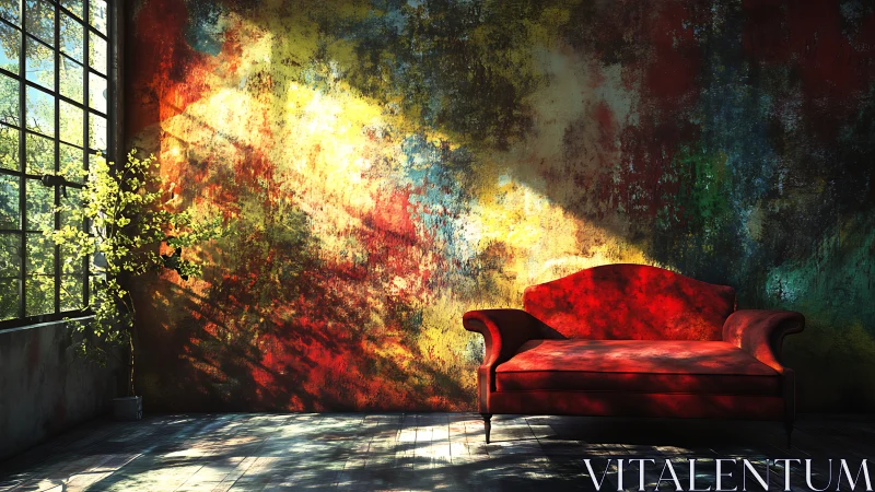 Red velvet sofa rests before sunlit abstract textured wall