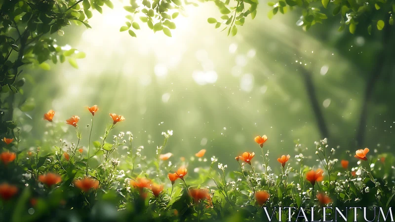 Luminous meadow vignette with backlit wildflowers in bloom.