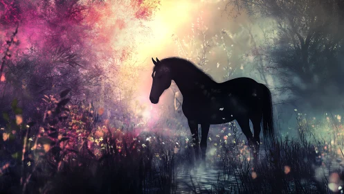 Silhouetted horse stands in luminous, chromatic forest mist