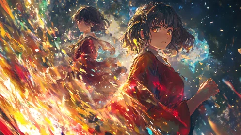 Fiery night journey with a determined girl wrapped in light.