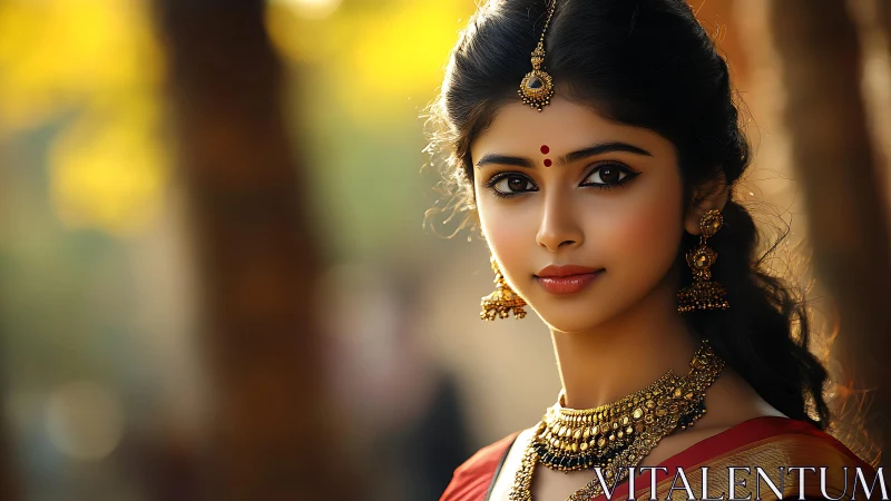 Photorealistic portrait of woman in traditional jewelry set.