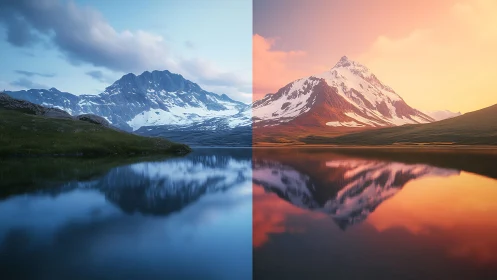 Split-toned alpine lake reflection compares cool dusk and warm dawn