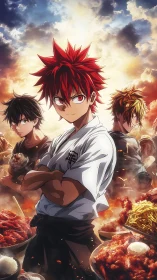 Culinary duel triad framed by explosive anime skyscape.