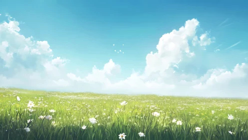 Sunlit wildflower meadow extends beneath towering cumulus clouds