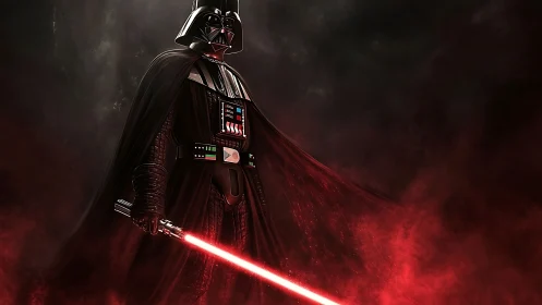 Armored dark warrior stands over red-lit smoke field