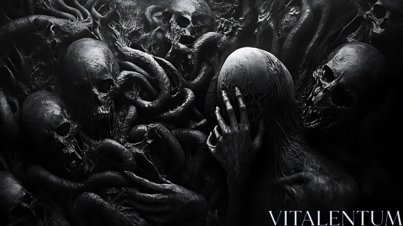 Monochrome biomechanical figure amid clustered skull forms.