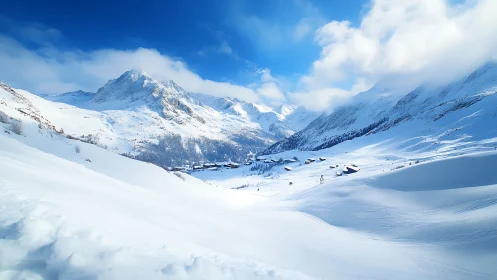 Snow covered alpine valley with distant mountain village.