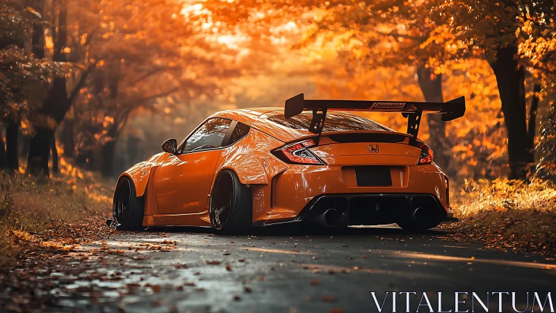 Autumn road daydream with a bold orange sports car.