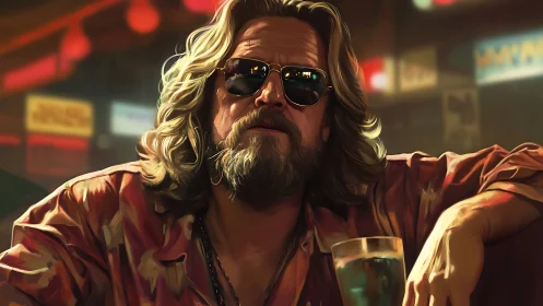 Laid-back bearded man lounges in neon-lit bar scene