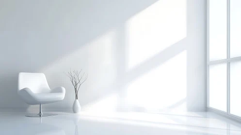 Sunlit white lounge chair in a poetic minimalist interior.