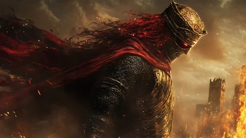 Firelit knight bends through cinders while crimson helm burns