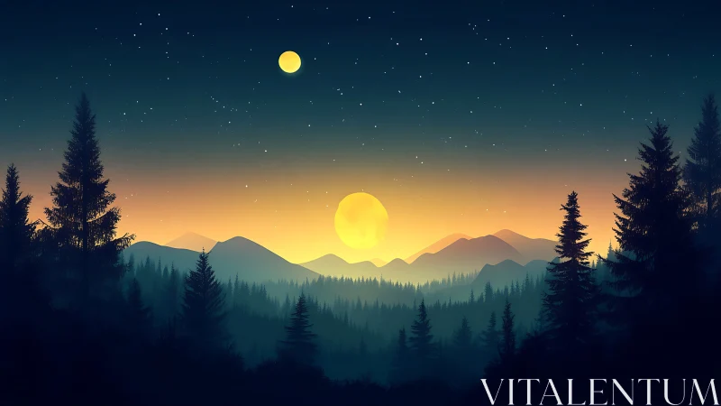 Dual Moon Mountain Wilderness Landscape at Twilight.