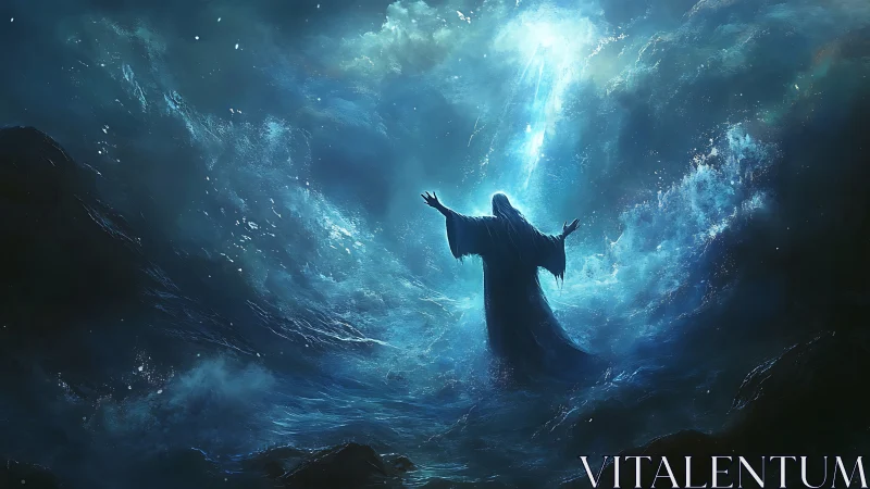 Robe-clad figure stands amid turbulent parted ocean waves