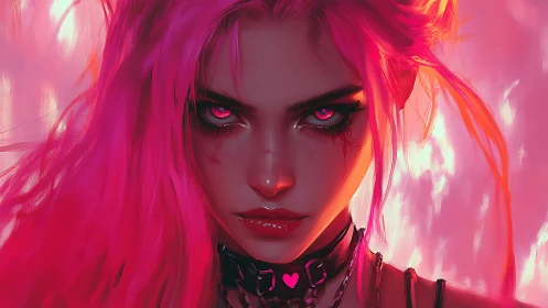 Cyberpunk girl with neon pink hair stares into camera