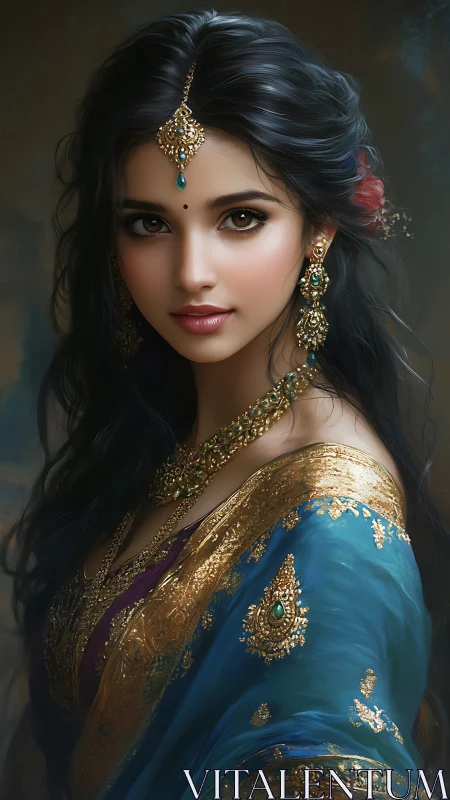 Regal portrait of jeweled woman in teal and gold sari.