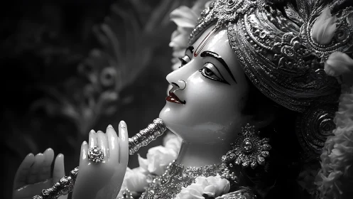 Monochrome devotional sculpture portrait with ornate headdress.