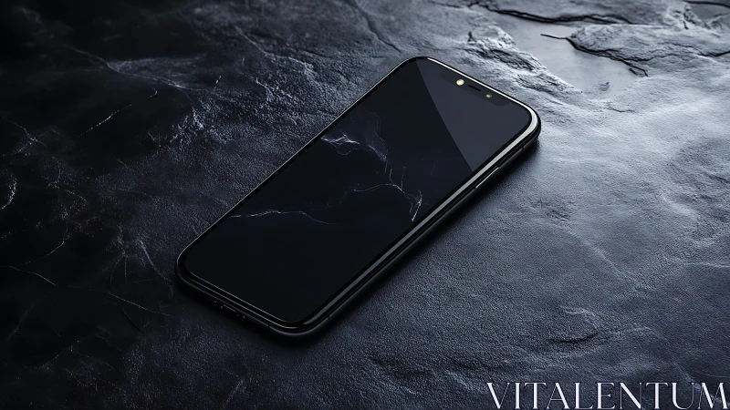 Photorealistic smartphone render on textured slate surface.