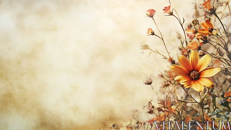 Textured Floral Composition: Aged Botanical Study with Warm Tonal Degradation.