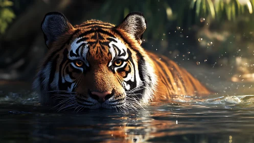 River-eyed tiger glides forward, painted in molten sunlight