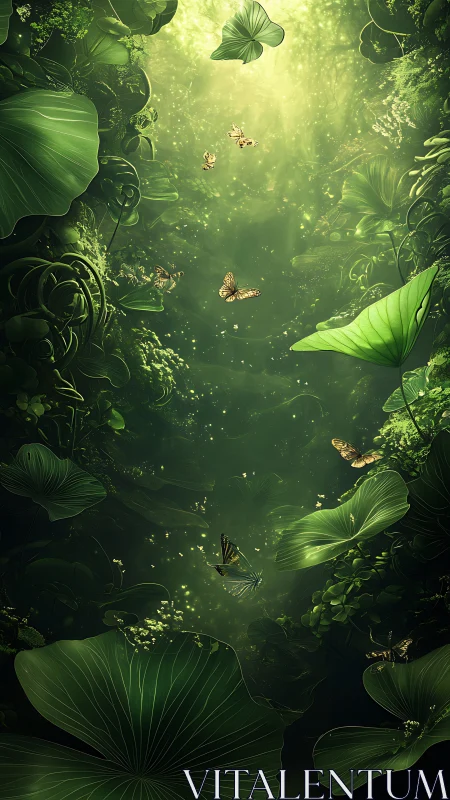 Butterflies drift through a glowing emerald forest hollow.