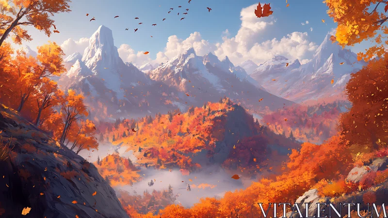 Mountain valley landscape with autumn forest and misty basin.