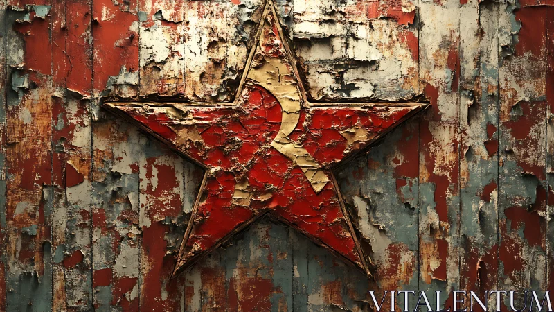 Weathered red star on peeling metal tells quiet histories.