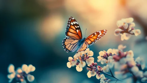Monarch butterfly hovers over blossoms in luminous bokeh field