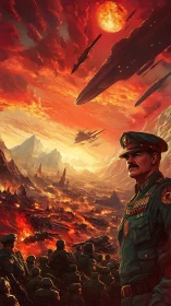 Military commander observes burning alien battlefield under red sun