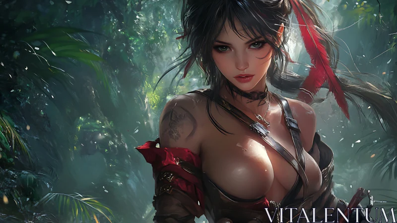 Woman warrior with weapons stands in dense jungle clearing