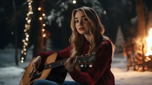 Young woman plays guitar beside winter campfire at night