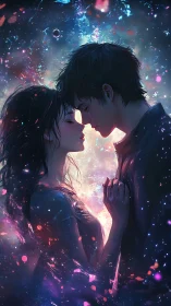 Starry backlit couple in close embrace, glowing colors.