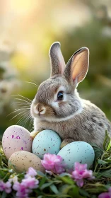 Shallow‑depth closeup of rabbit with speckled pastel eggs outdoors