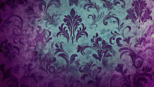 Purple damask floral pattern on textured teal background.