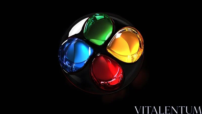 Glossy four-color glass emblem glows on deep black background