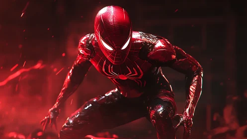 Red-suited masked figure crouches in high-contrast red light