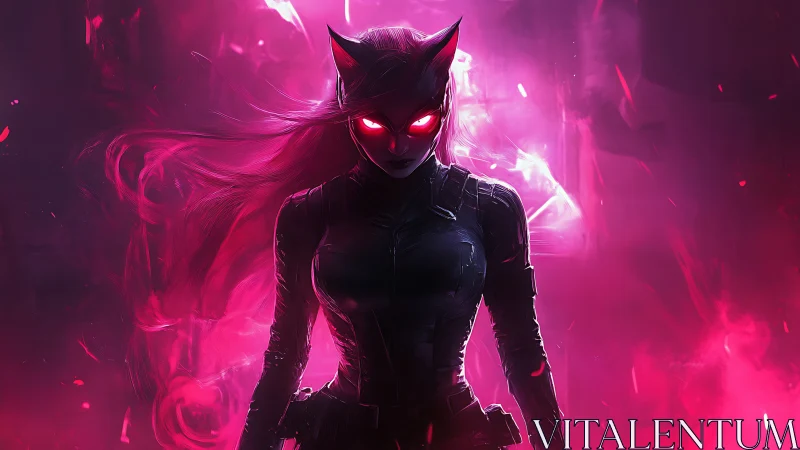 Armored feline-helmeted figure stands in pink neon haze