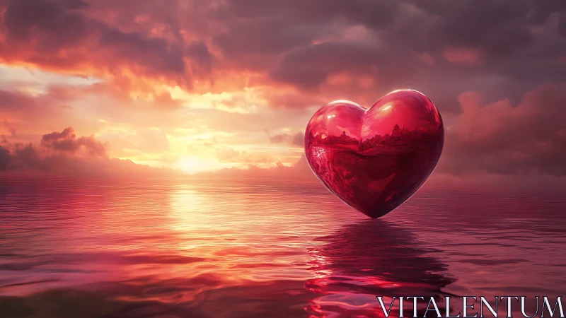 Crystalline Heart Floating Over Sunset Waters