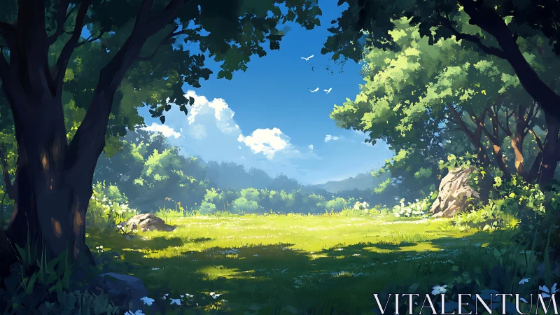 Forest clearing with meadow, trees, and sky vista.