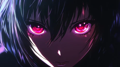 Neon-irradiated anime gaze with hyperluminous crimson irises.
