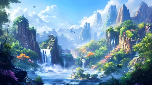 Mountainous river valley shows multiple waterfalls and temples