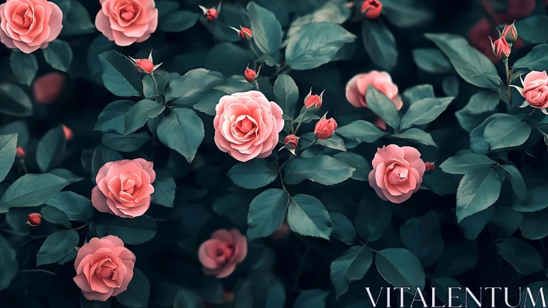 Coral Rose Florets with Teal Foliar Architecture in Horticultural Depth.