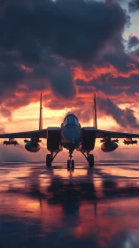 Front-lit fighter jet stands poised on wet runway at dusk