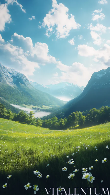Mountain valley landscape shows sunlit meadow and distant peaks